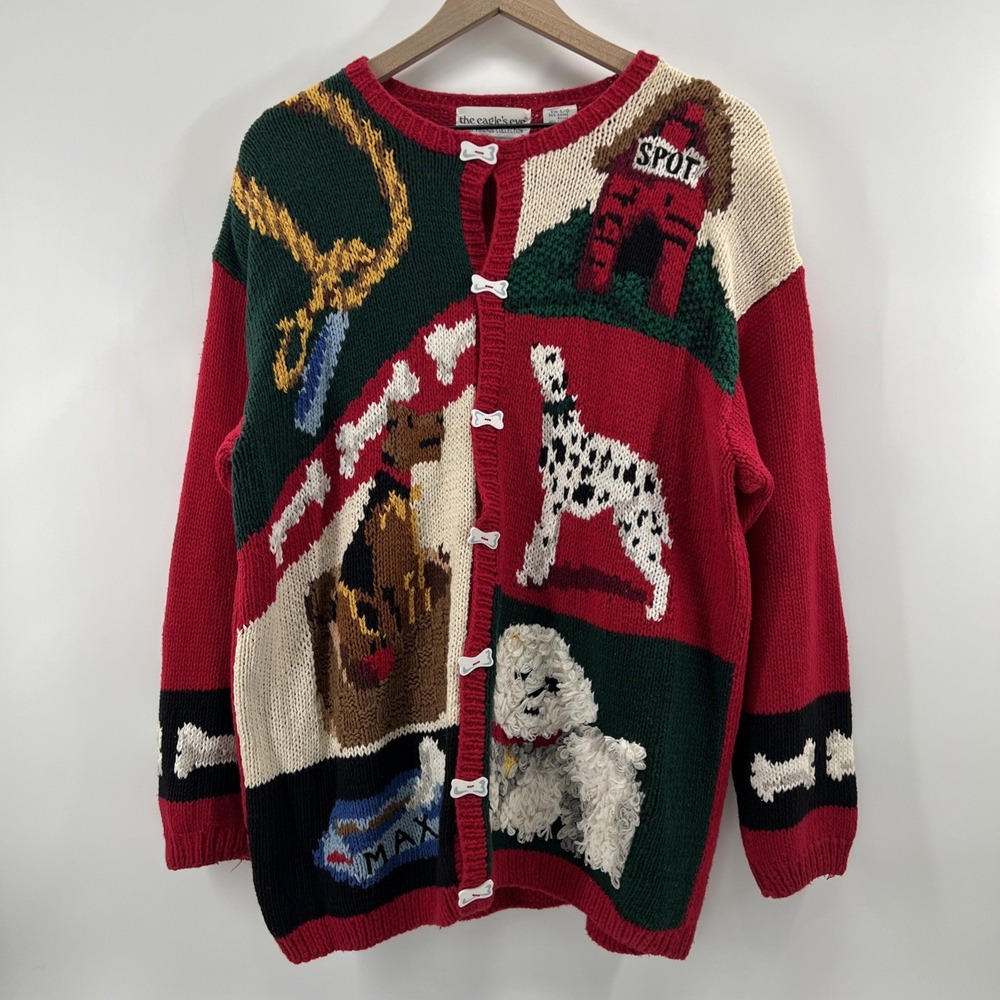Vintage Eagles Eye Cardigan Sz L Dog Novelty Sweater Hand Knit Christmas Puppy